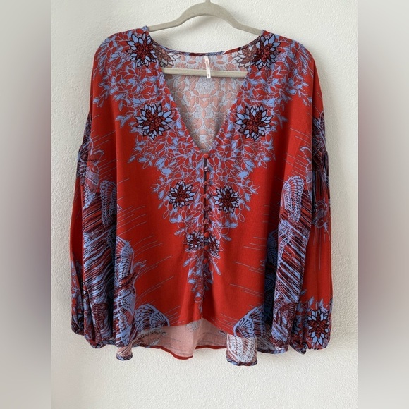 Free People Birds of a Feather blouse boho top terracotta  blue size Xs - Picture 3 of 13